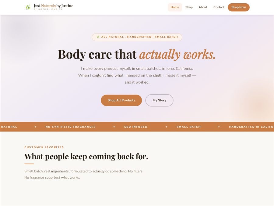 Screenshot of the Just Naturals by Justine website — justnaturalsbyjustine.com