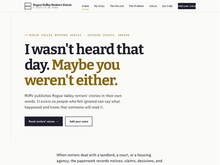 Screenshot of the Rogue Valley Renters Voices website — rvrentersvoices.org