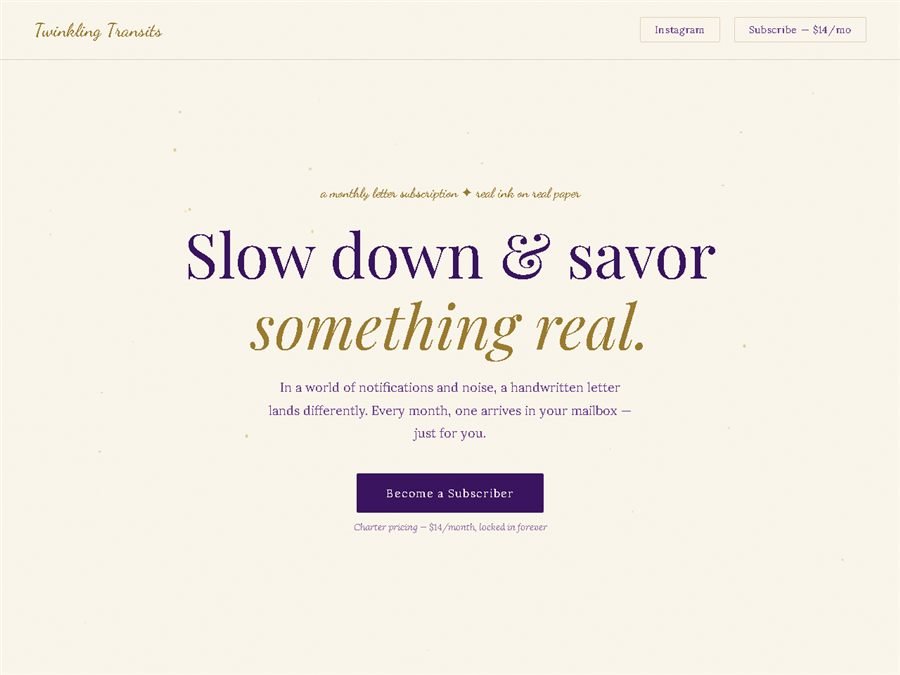 Screenshot of the Twinkling Transits website — twinklingtransits.com